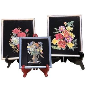 Vintage 80s Kafka Metal Foil Art Flower 3-Piece Set - Collectible Wall Decor